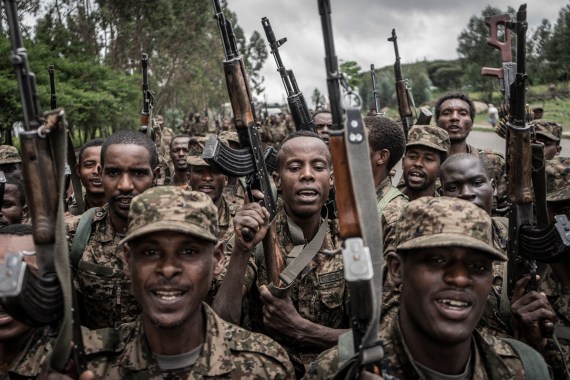 Ethiopian National Defence Forces (ENDF) soldiers shout slogans