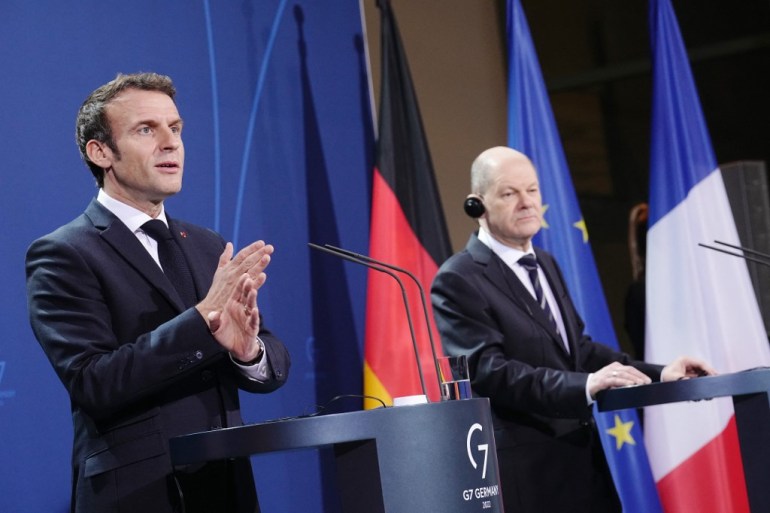 German Chancellor Olaf Scholz and French President Emmanuel Macron address a joint press conference in Berlin in January.