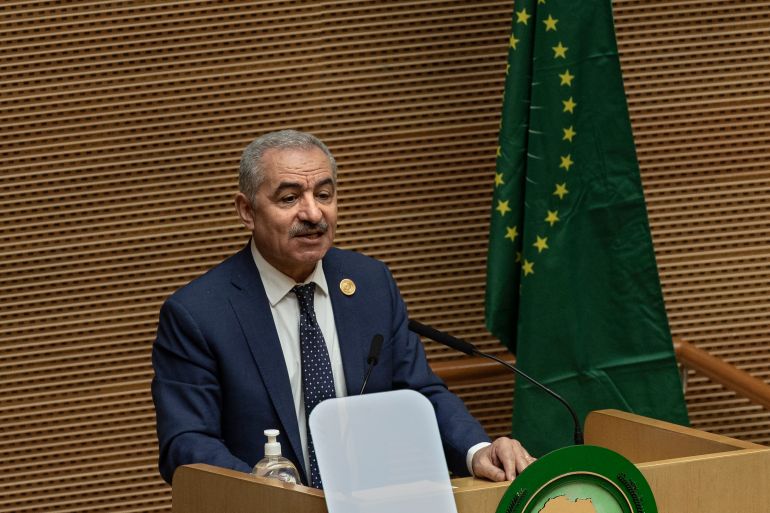 Palestinian Prime Minister Mohammad Shtayyeh addresses the 35th Ordinary Session of the African Union (AU) Summit in Addis Ababa, Ethiopia