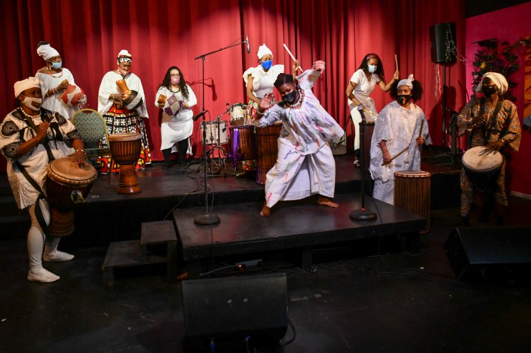 Renee and Sithas Drumming performs onstage at the 4th annual Black History Month Festival at Barbara Morrison Performing Arts Center, Los Angeles, in February 2021