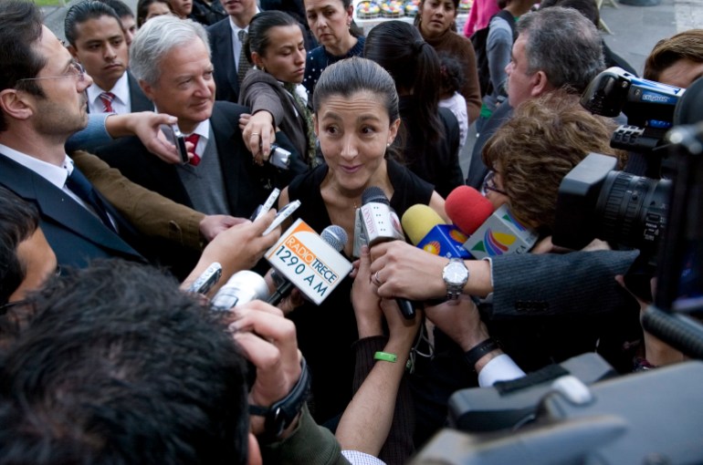 Ingrid Betancourt speaking to media