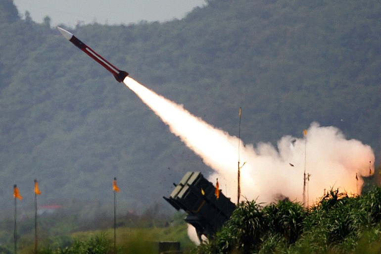 U.S.-made Patriot missile launches into the air in clouds of white smoke during the annual Han Kuang military exercises in Taiwan