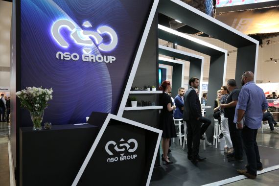 Israeli cyber firm NSO Group's exhibition stand at Tel Aviv international defence expo