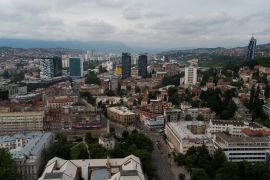An aerial view is seen of Sarajevo, Bosnia & Herzegovina