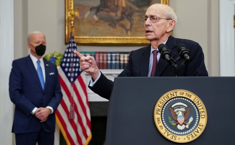 US Supreme Court Justice Stephen Breyer speaks as President Joe Biden listens during an announcement that Breyer will retire at the end of the court's current term, at the White House.