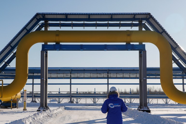 An employee is seen walking past a part of Gazprom's Power Of Siberia gas pipeline in Svobodny, Russia.