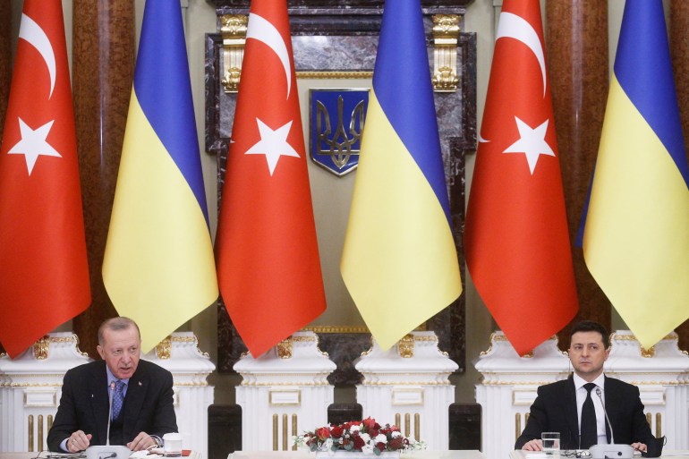 Turkish President Tayyip Erdogan and Ukrainian President Volodymyr Zelenskiy sit at a desk and attend a joint news conference in Kyiv, Ukraine with large national flags of Turkey and Ukraine set up in the background