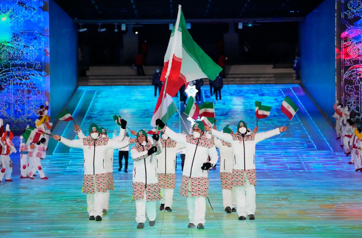 Iran delegation marches into the stadium during the Opening Ceremony of the Beijing 2022 Winter Olympic Games