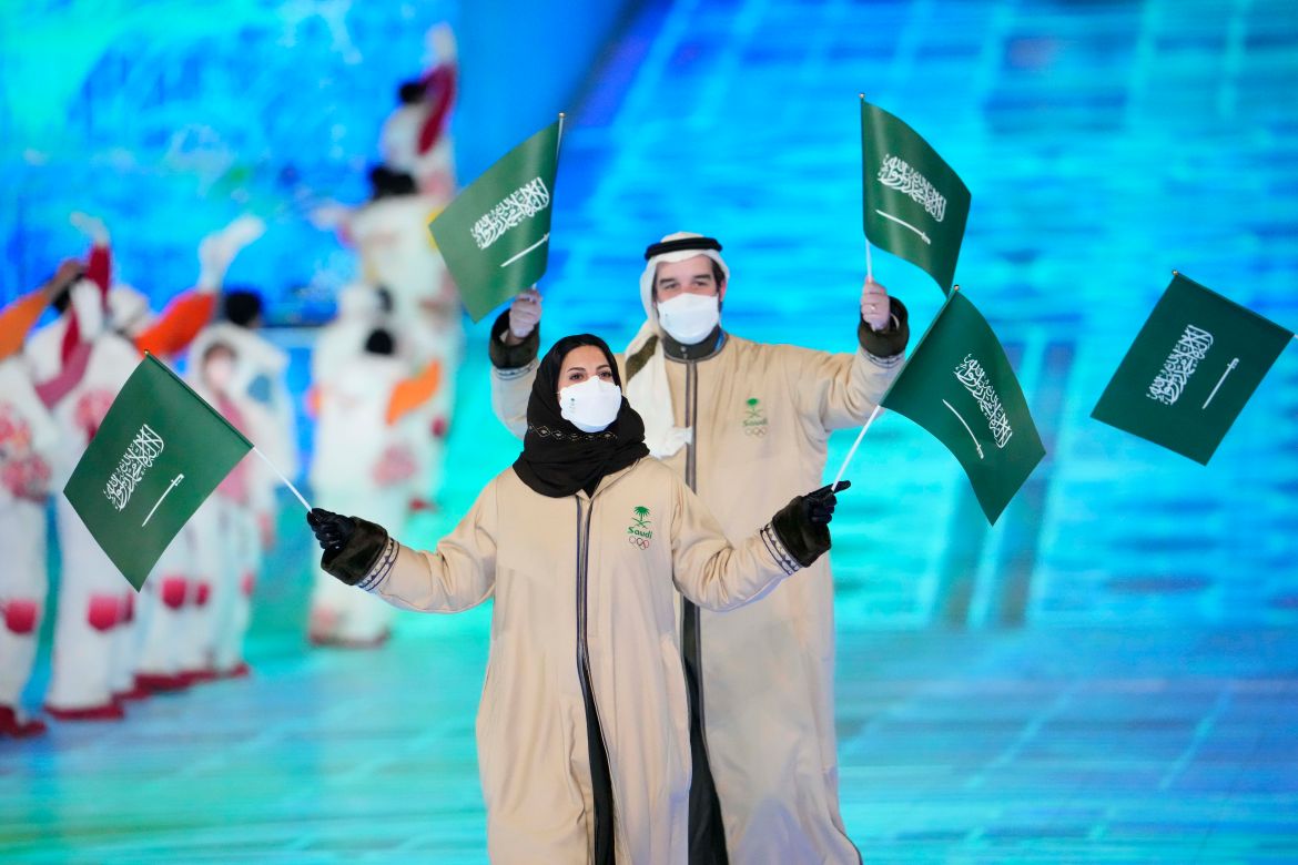 Saudi Arabia athletes enter the stadium during the Opening Ceremony of the Beijing 2022 Winter Olympic Games at Beijing National Stadium. Mandatory Credit: Rob Schumacher-USA TODAY Sports