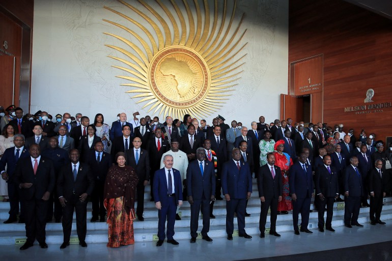Heads of states and delegates pose for the group photo during the 35th ordinary session of the Assembly of the African Union at the