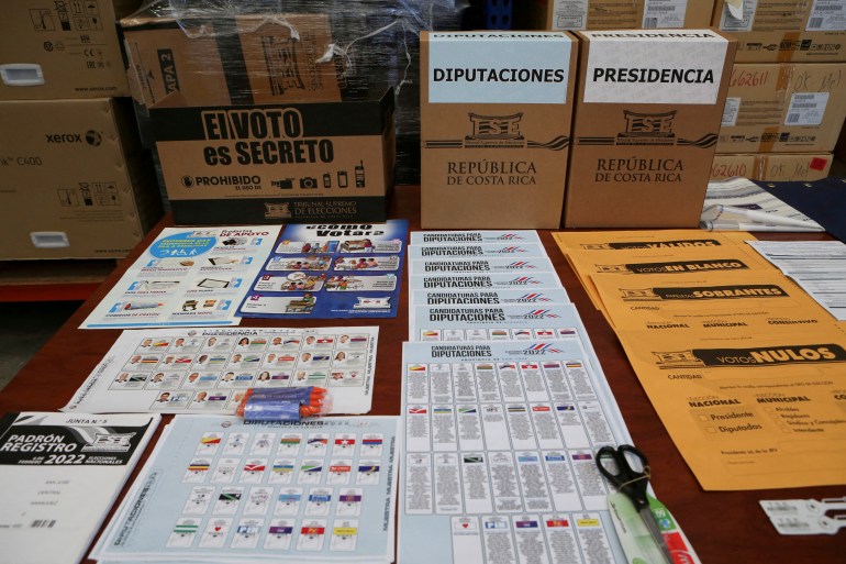 Samples of voting materials are displayed for the press at a distribution centre ahead of Costa Rica's February 6, 2022 general elections, in San Jose, Costa Rica