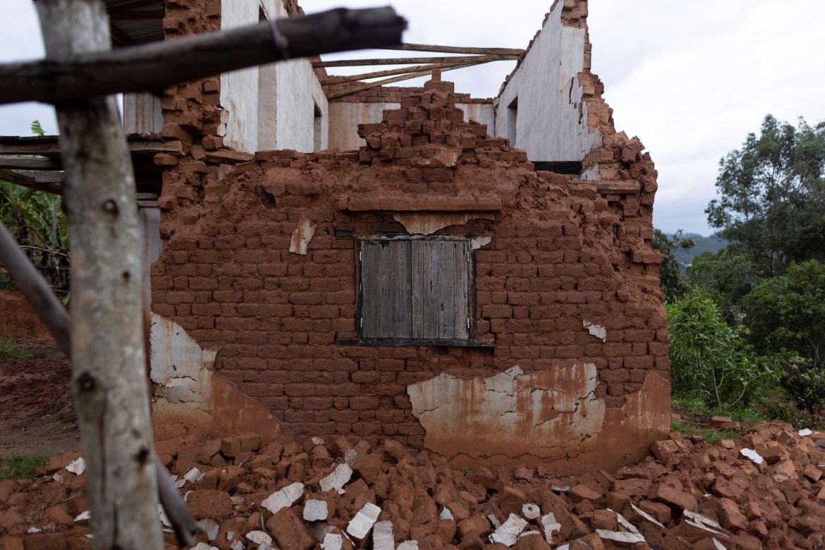 A view of a destroyed house as Cyclone Batsirai sweeps inland