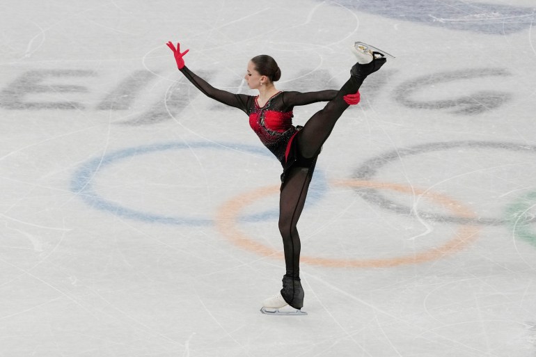 Kamila Valieva (ROC) performs during the women's single free skating portion of the figure skating mixed team final during the Beijing 2022 Olympic Winter Games at Capital Indoor Stadium