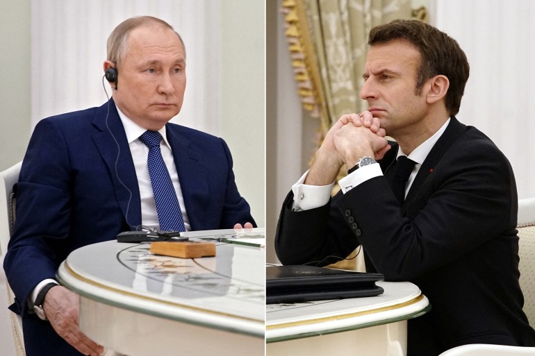 French President Emmanuel Macron (R) meets with Russian President Vladimir Putin (L) in Moscow