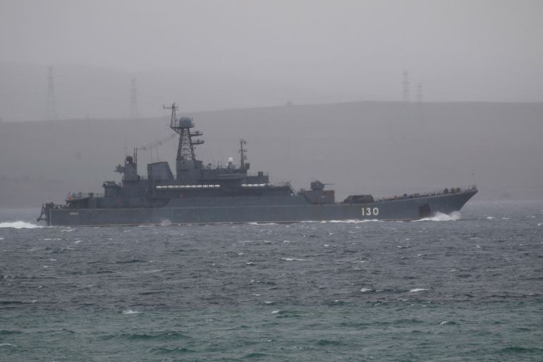 The Russian Navy's large landing ship Korolev sets sail in the Dardanelles