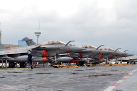 French Navy Rafale fighter jets are seen onboard the Charles de Gaulle aircraft carrier.