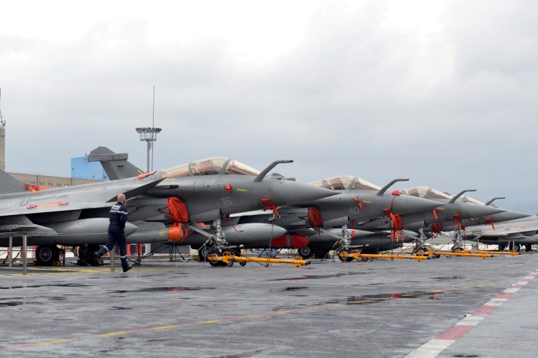 French Navy Rafale fighter jets are seen onboard the Charles de Gaulle aircraft carrier.