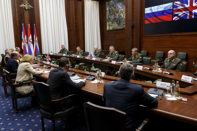 Russian Defense Minister Sergei Shoigu attends a meeting with British Defense Secretary Ben Wallace in Moscow, Russia February 11, 2022.