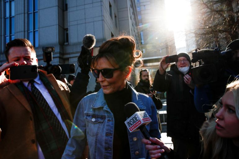 Sarah Palin, 2008 Republican vice presidential candidate and former Alaska governor, drew media attention outside the court during her defamation lawsuit against the New York Times, at the United States Courthouse in the Manhattan borough of New York City.