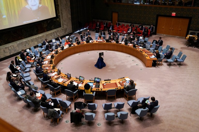 A general view of the meeting of the UN Security Council on the situation between Russia and Ukraine