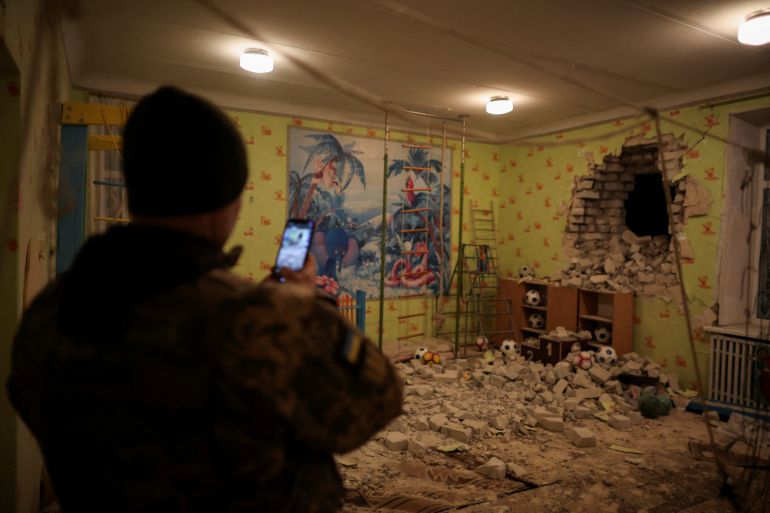 Ukrainian daycare damaged by shelling.