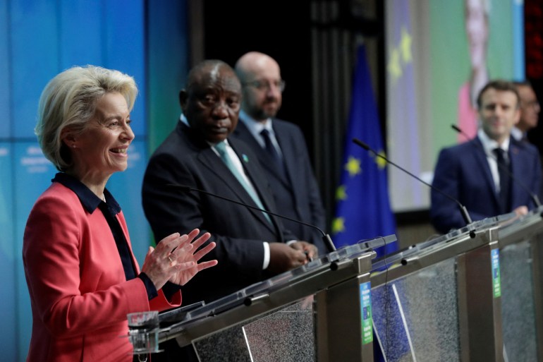 European Commission President Ursula von der Leyen, South Africa's President Cyril Ramaphosa, European Council President Charles Michel, French President Emmanuel Macron and WHO Director-General Tedros Adhanom Ghebreyesus attend the sixth European Union - African Union summit in Brussels, Belgium
