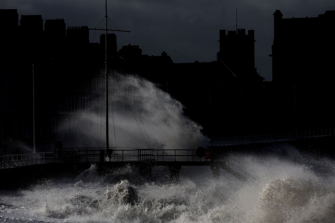 Waves caused by Storm Eunice break over Aberystwyth promenade in Aberystwyth, Wales, Britain