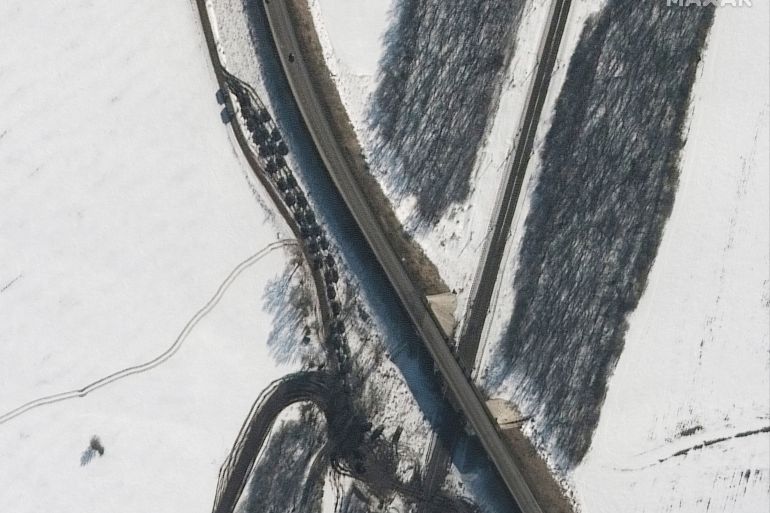 A satellite image shows an armor battalion heading south, in Soloti, Russia