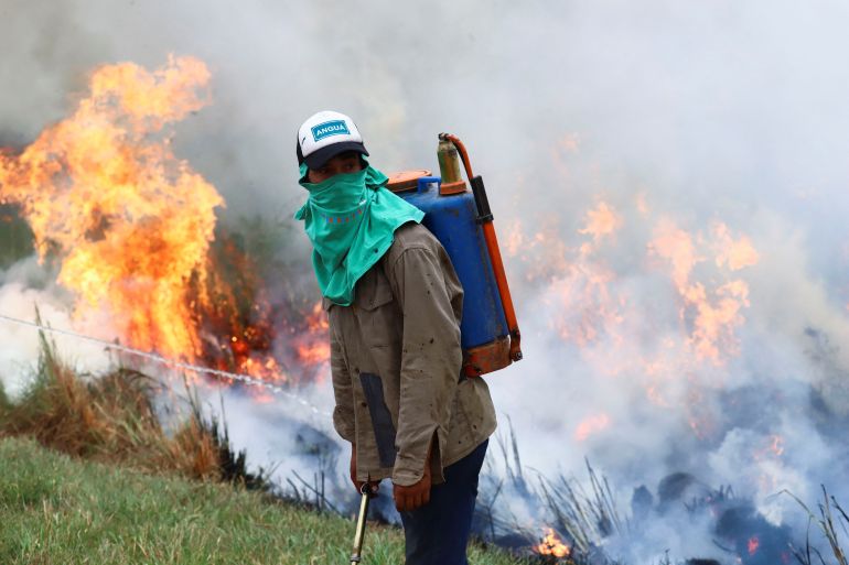A man works to extinguish the fire that continues to consume trees and pastures in Ituzaingo, province of Corrientes, Argentina.
