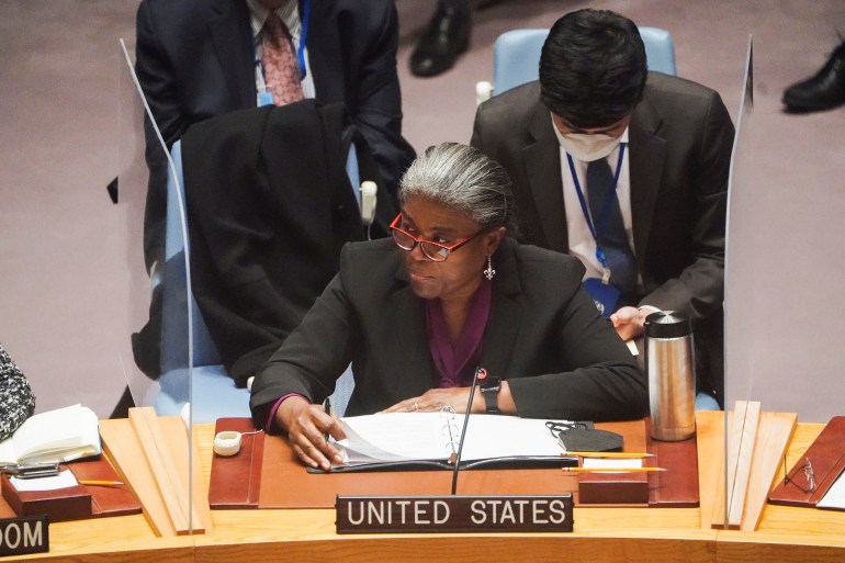 UN Linda Thomas-Greenfield looks on as United Nations Security Council meets after Russia recognized two breakaway regions in eastern Ukraine
