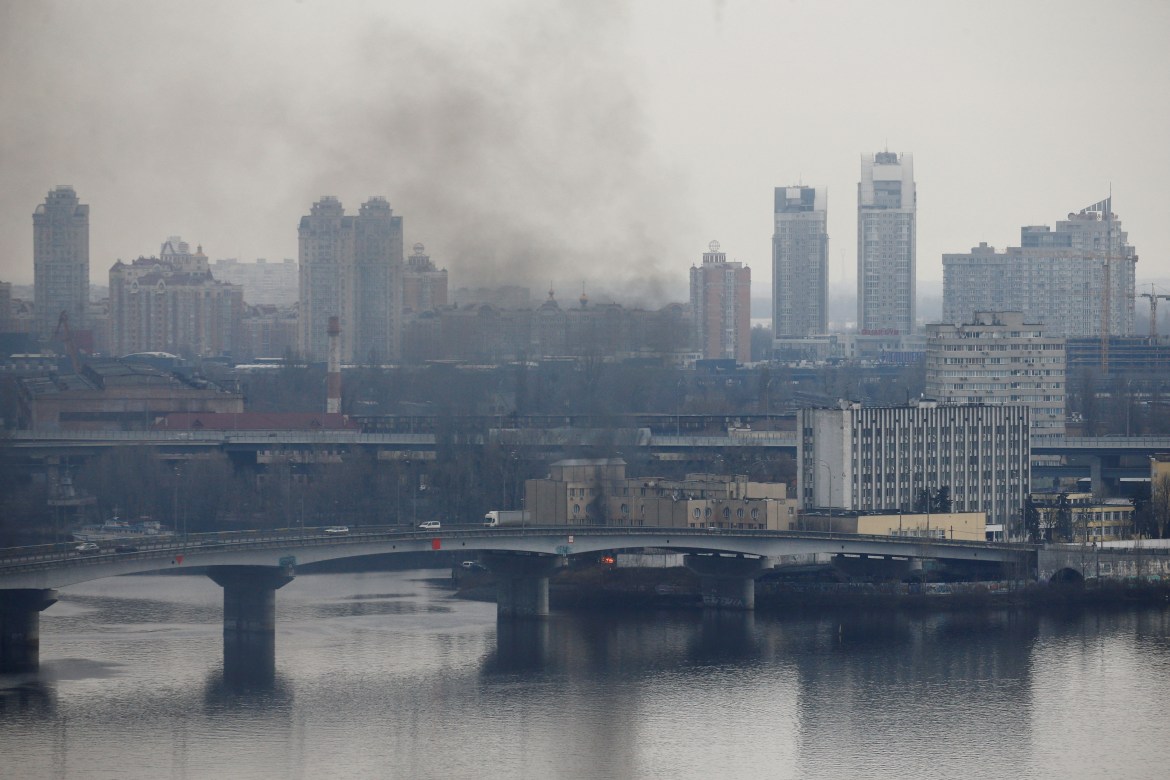 Smoke rises from the territory of the Ukrainian Defence Ministry's unit