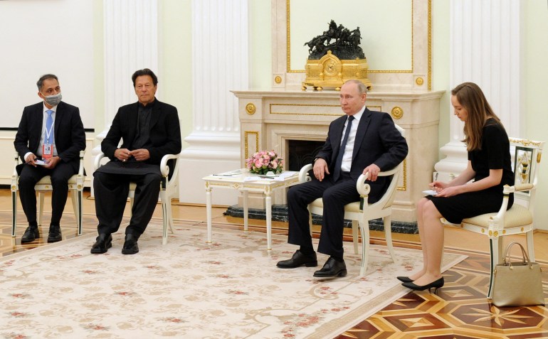 Russian President Vladimir Putin attends a meeting with Pakistani Prime Minister Imran Khan in Moscow, Russia