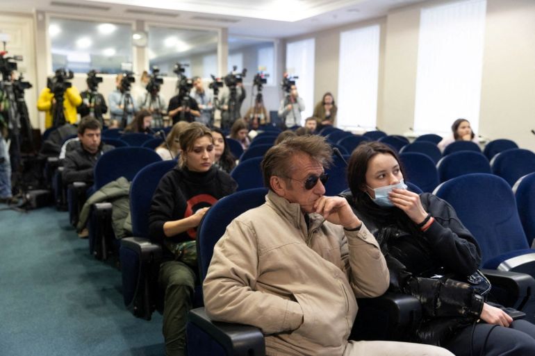 Actor and director Sean Penn attends a press briefing in Kyiv