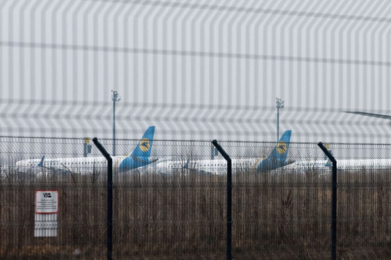 Parked planes at Boryspil International Airport, near Kyiv, after Russia launched a massive military operation against Ukraine.