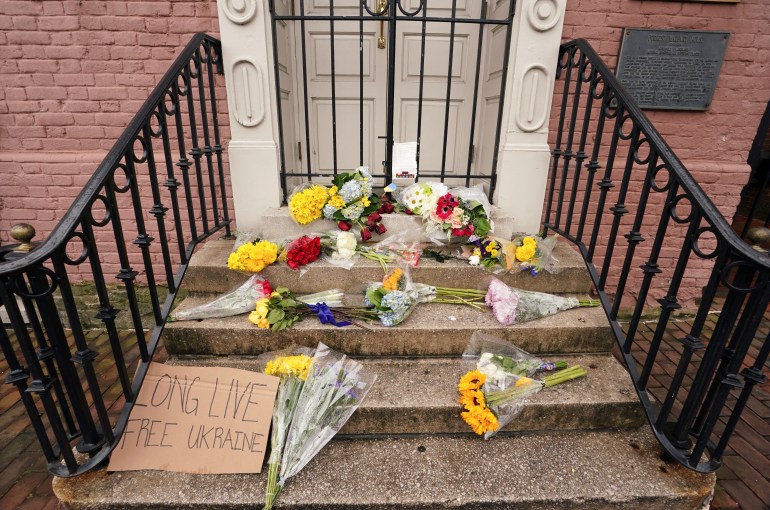 Flowers outside Ukrainian embassy in US