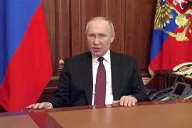 FILE PHOTO: Russian President Vladimir Putin speaks about authorising a special military operation in Ukraine's Donbass region during a special televised address on Russian state TV, in Moscow, Russia, February 24, 2022, in this still image taken from video. Russian Pool/via REUTERS TV/File Photo