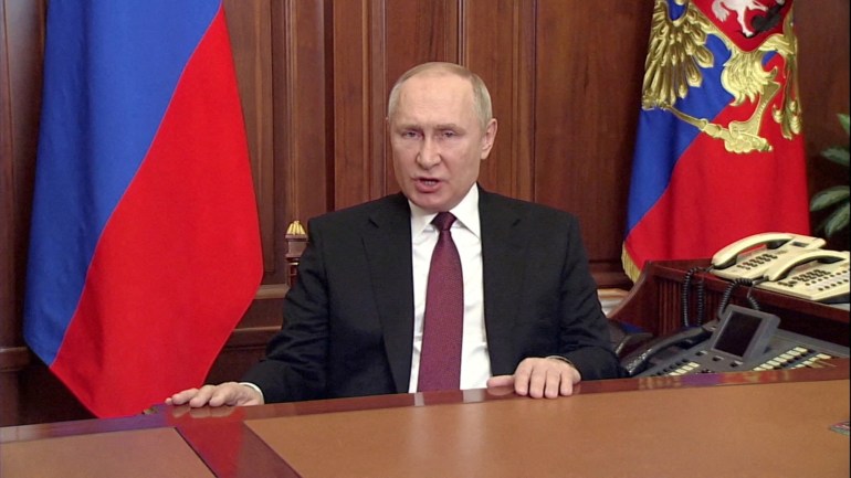 PHOTO FILE: Russian President Vladimir Putin talks about authorizing a special military operation in Ukraine's Donbass region during a special televised address on Russian state TV, in Moscow, Russia, February 24, 2022, in this still image taken from video.  Russian Pool / via REUTERS TV / File Photo
