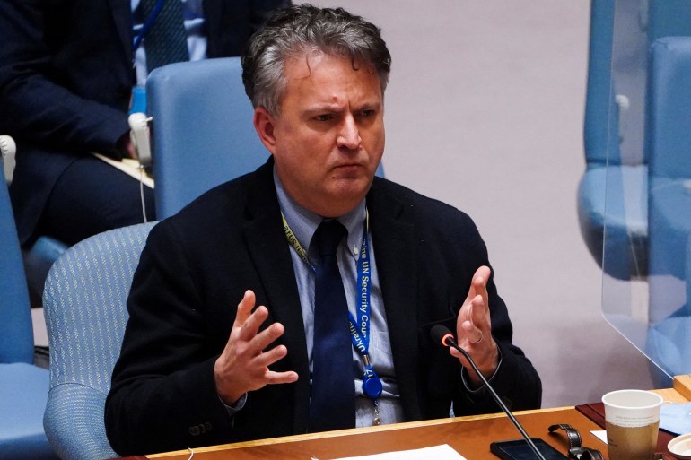 Ukrainian Ambassador to the United Nations Sergiy Kyslytsya speaking at UN headquarters in New York.