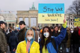 Demonstrators take part in an anti-war protest.