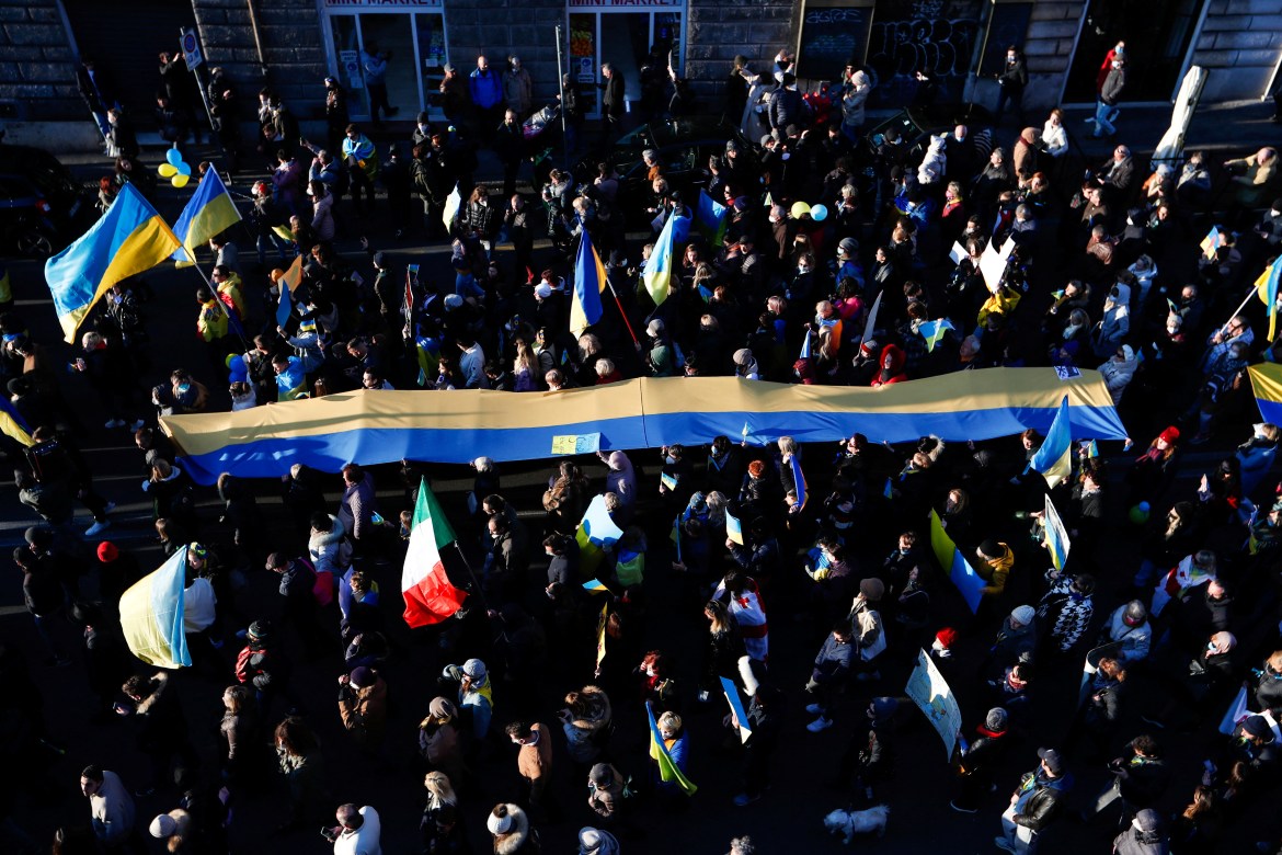 People attend an anti-war protest, after Russia launched a massive military operation against Ukraine, in Rome, Italy,