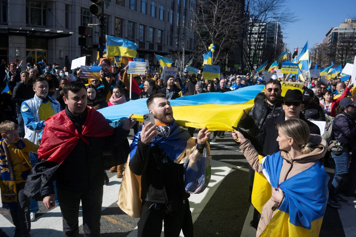 People rally for more U.S. support for Ukraine, after the Russian invasion in Ukraine, near the White House in Washington, U.S.,