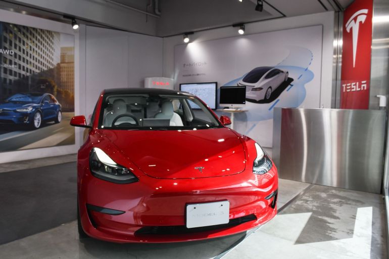 A Tesla car in a showroom