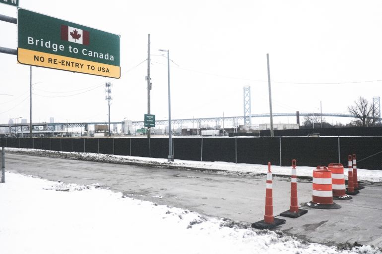 An access ramp to Ambassador Bridge is temporarily closed for trucks traveling into Canada in Detroit, Michigan, on February 8.