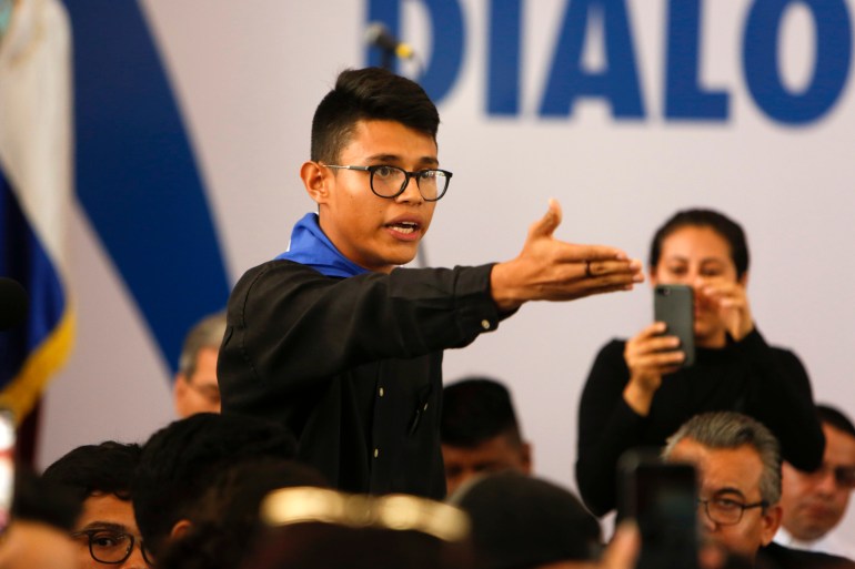 Lesther Aleman interrupts Nicaraguan President Daniel Ortega, shouting that he must halt repression during the opening of the national dialogue on the outskirts of Managua, Nicaragua.
