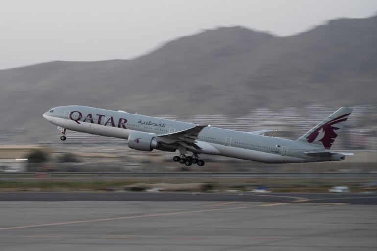 In this picture taken in September 2021, a Qatar Airways aircraft takes off with foreigners from the airport in Kabul