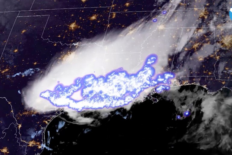 This satellite image provided by the National Oceanic and Atmospheric Administration shows a thunderstorm complex which was found to contain the longest single flash that covered a horizontal distance on record, at about 768 kilometers (477 miles) across parts of the southern United States on April 29, 2020