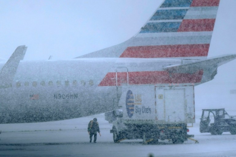 Snow falling in airport