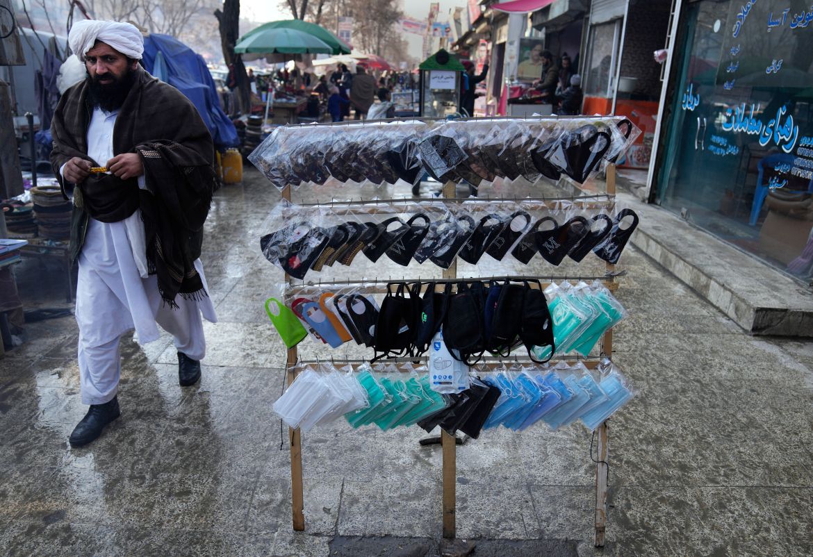 Masks to help prevent the spread of the coronavirus are on sale sale at a market, in Kabul