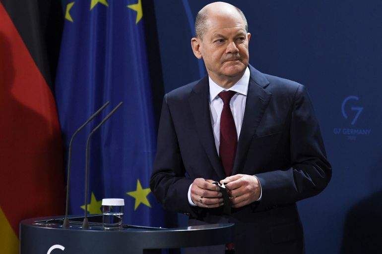 German Chancellor Olaf Scholz attends a press conference with the leaders of the three Baltic states