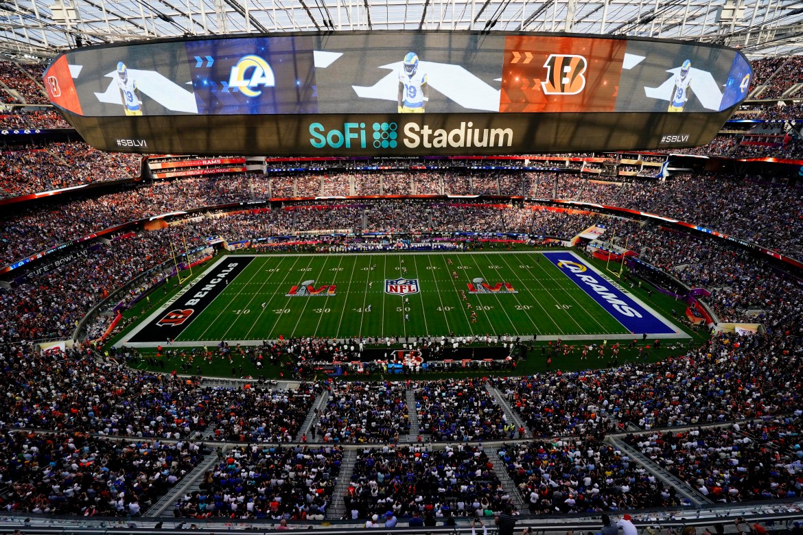 SoFi Stadium during the first half of the NFL Super Bowl 56 football game between the Los Angeles Rams and the Cincinnati Bengals,